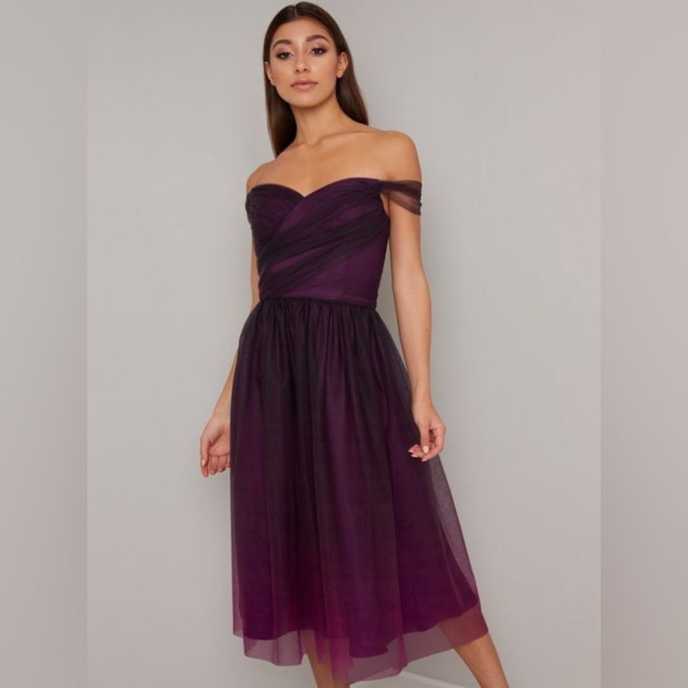 Chi Chi London Ombré Purple tulle Off-Shoulder Dress